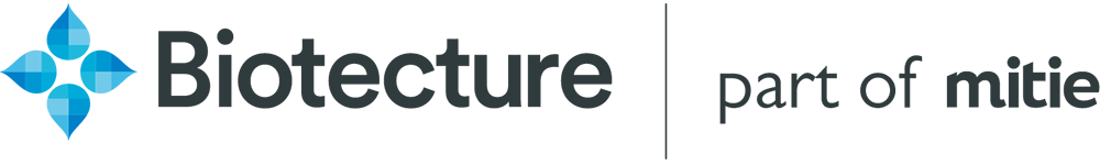 Biotecture logo, part of Mitie - grey lettering with four blue teardrops